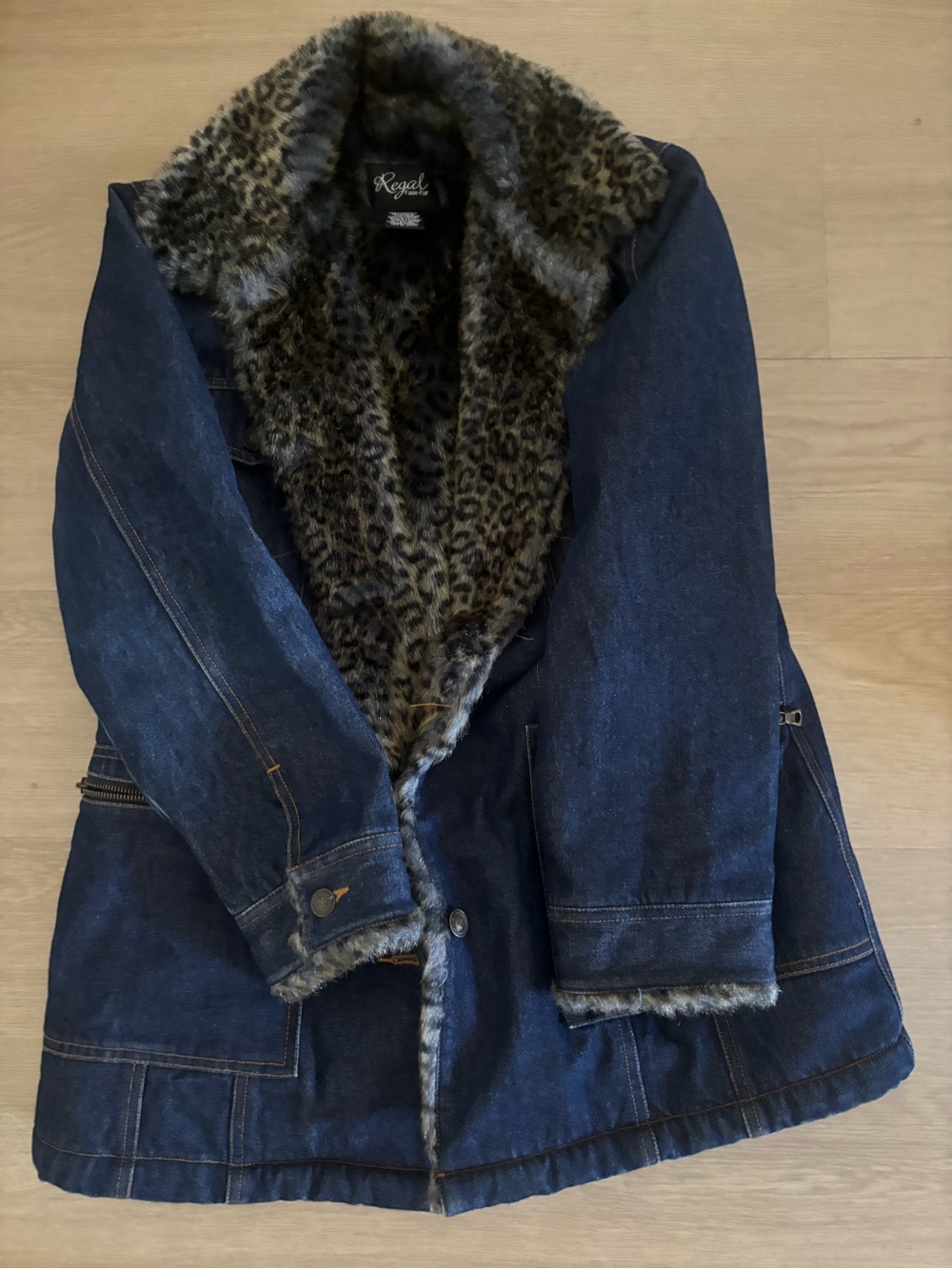 Regal Denim Coat with Leopard Faux Fur Lining - Dark Blue